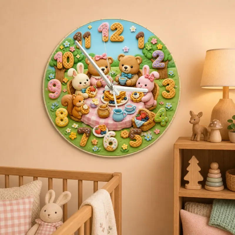 Woodland Tea Party Kids Room Wall Clock | Bunny Bear Nursery Decor, Sweet Baby Shower Birthday Gift (13.6 inch / 34.5 cm)