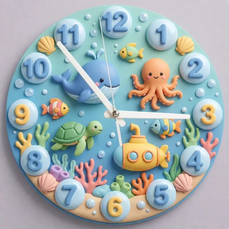 Cute Under The Sea Ocean Animals Kids Room Wall Clock | Marine Life Nursery Decor, Baby Boy Room Birthday Present (13.6 inch / 34.5 cm)