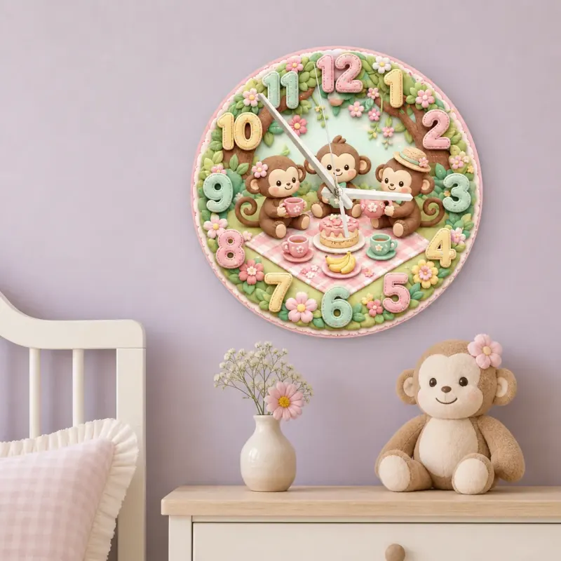 Monkey Tea Party Picnic Kids Room Wall Clock | Pastel Floral Nursery Decor, Sweet Baby Girl Shower And Birthday Gift (13.6 inch / 34.5 cm)
