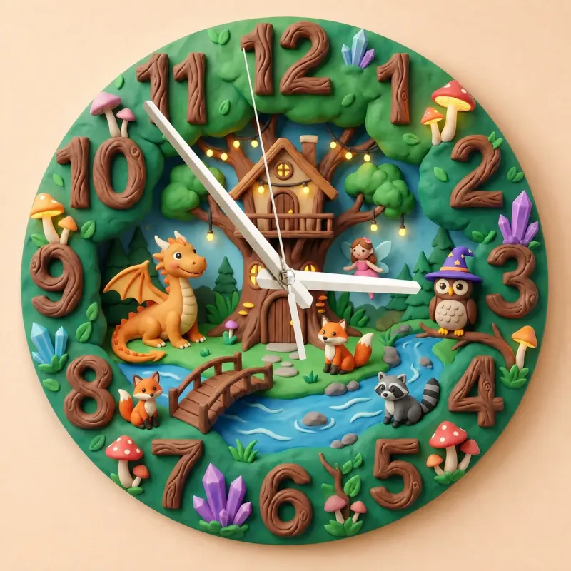 Enchanted Forest Dragon Fairy Kids Room Wall Clock | Magical Woodland Nursery Decor, Baby Boy And Girl Birthday Gift (13.6 inch / 34.5 cm)