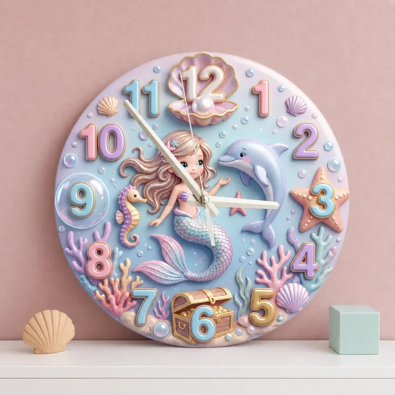 Pastel Mermaid And Dolphin Kids Room Wall Clock | Magical Ocean Nursery Decor Art, Little Girl Bedroom Birthday Gift (13.6 inch / 34.5 cm)