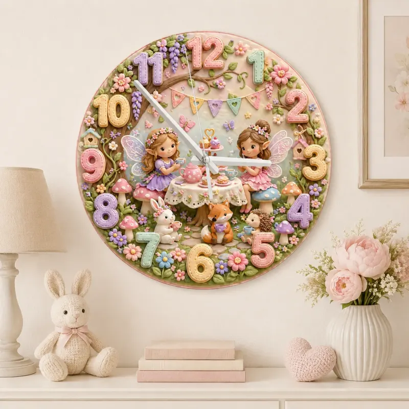 Fairy Tea Party Kids Room Wall Clock | Magical Woodland Nursery Decor, Whimsical Little Girl Bedroom Birthday Gift (13.6 inch / 34.5 cm)