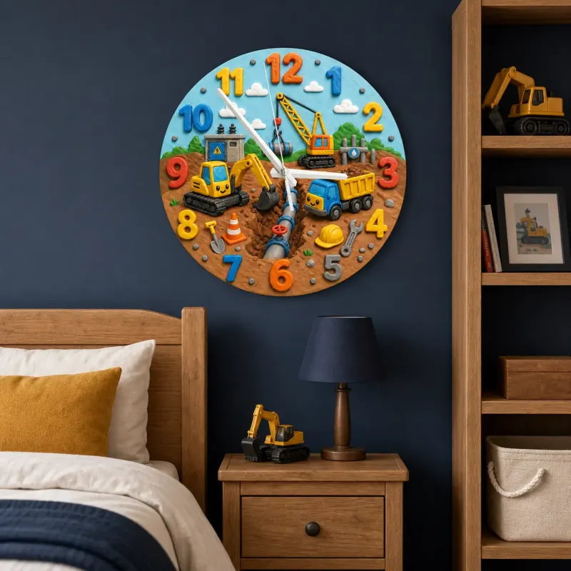 Construction Trucks Kids Room Wall Clock | Cute Excavator Boy Nursery Decor, Toddler Boy Playroom Birthday Keepsake (13.6 inch / 34.5 cm)