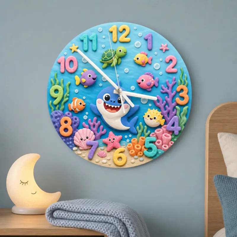 Ocean Shark Sea Creatures Kids Room Wall Clock | Underwater Nursery Decor, Baby Boy And Girl Birthday Gift Keepsake (13.6 inch / 34.5 cm)