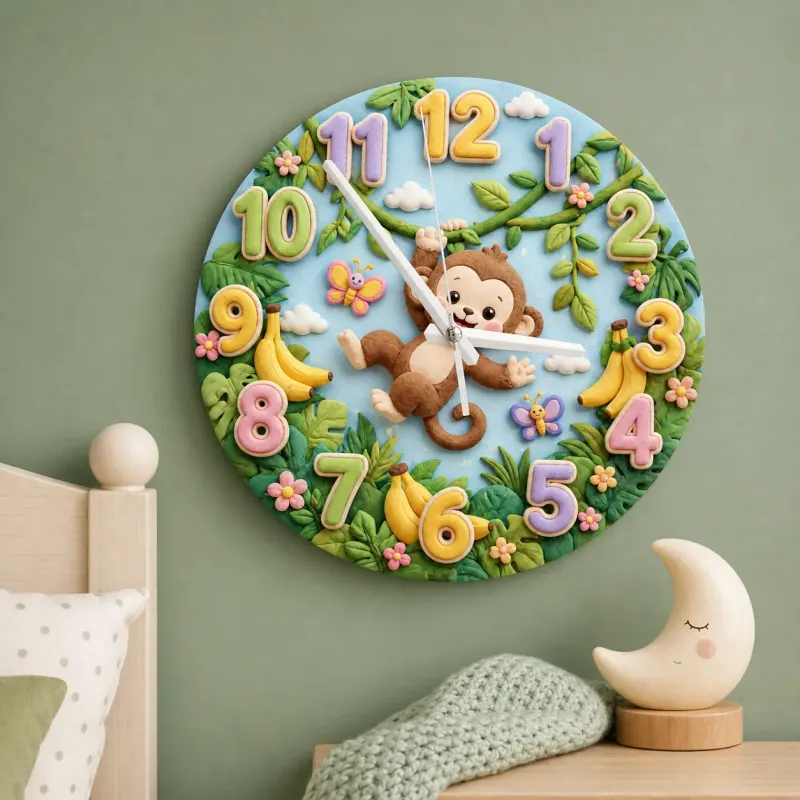 Swinging Safari Monkey Kids Room Wall Clock | Pastel Jungle Nursery Decor, Unique Baby Shower Gift For Boys Or Girls (13.6 inch / 34.5 cm)