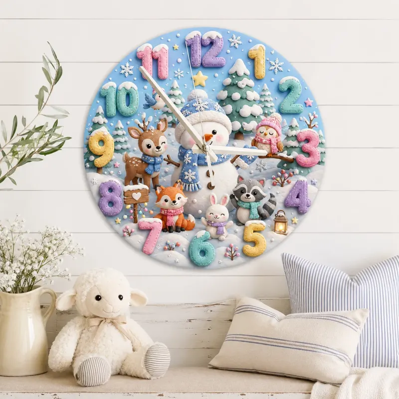 Winter Snowman & Woodland Animals Kids Room Wall Clock | Pastel Nursery Decor, Sweet Baby Shower Gift For Little Ones (13.6 inch / 34.5 cm)