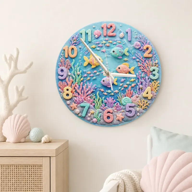 Pastel Ocean Coral Reef Kids Room Wall Clock | Under The Sea Nursery Decor, Cute Baby Girl Birthday Gift Keepsake (13.6 inch / 34.5 cm)