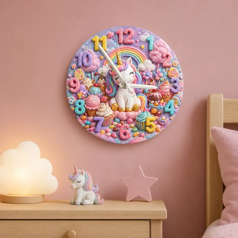 Magical Unicorn Candy Land Kids Room Wall Clock | Pastel Rainbow Nursery Art Decor, Sweet Little Girl Birthday Gift (13.6 inch / 34.5 cm)