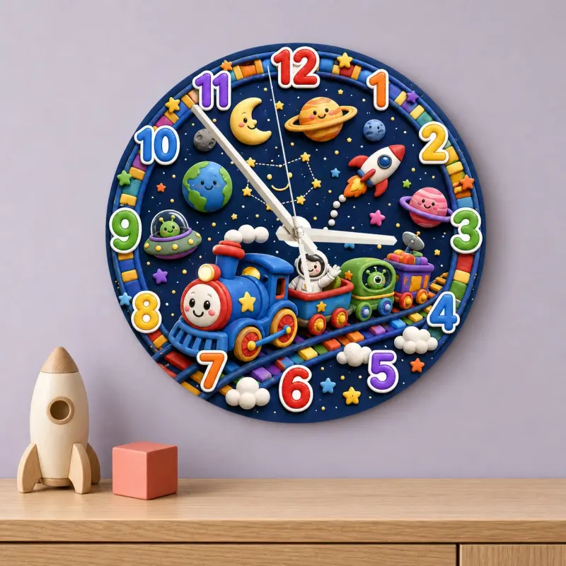 Galaxy Space Train Kids Room Wall Clock | Astronaut Nursery Decor, Little Boy Bedroom Baby Shower & Birthday Gift (13.6 inch / 34.5 cm)