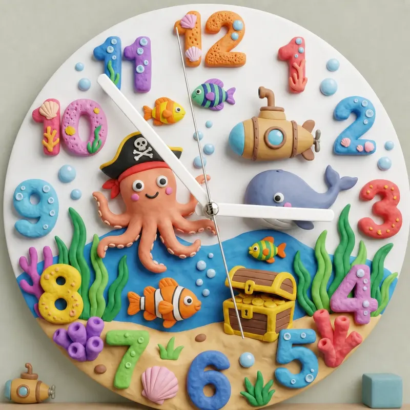 Pirate Octopus Ocean Kids Room Wall Clock | Under The Sea Nursery Decor, Marine Life Theme Baby Boy Birthday Gift (13.6 inch / 34.5 cm)