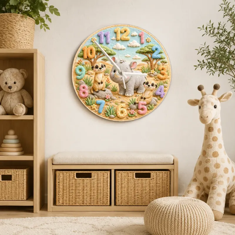 Cute Safari Rhino & Meerkat Kids Room Wall Clock | Wild Animal Nursery Decor, Baby Shower Birthday Keepsake Present (13.6 inch / 34.5 cm)