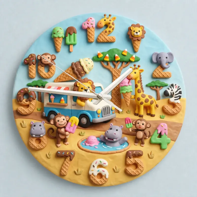 Safari Ice Cream Truck Kids Room Wall Clock | Sweet Jungle Animal Nursery Decor, Toddler Playroom Birthday Gift Art (13.6 inch / 34.5 cm)