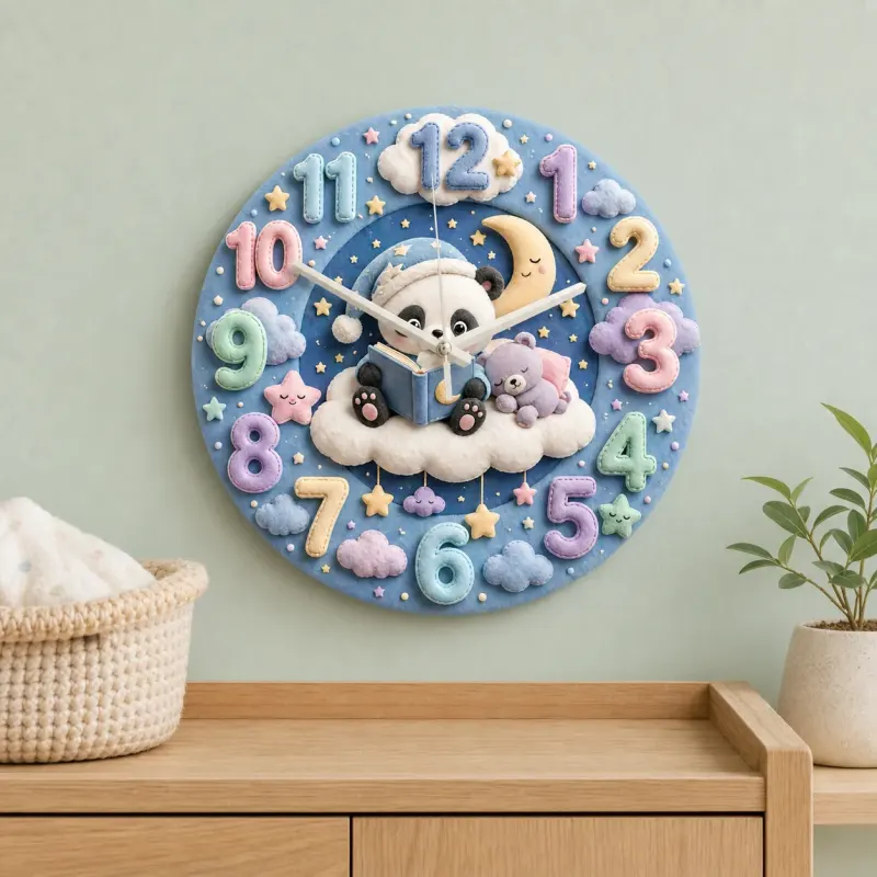 Bedtime Reading Panda Kids Room Wall Clock | Pastel Night Sky Nursery Decor, Cute Baby Shower Gift For New Parents (13.6 inch / 34.5 cm)