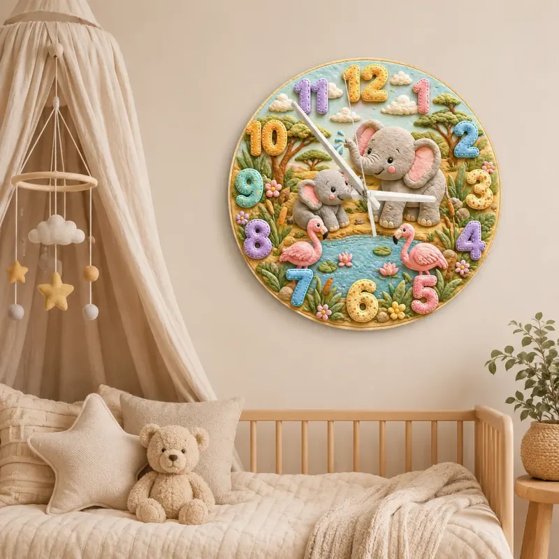 Safari Elephant & Flamingo Kids Room Wall Clock | Pastel Jungle Animal Nursery Decor, Beautiful Baby Shower Keepsake (13.6 inch / 34.5 cm)