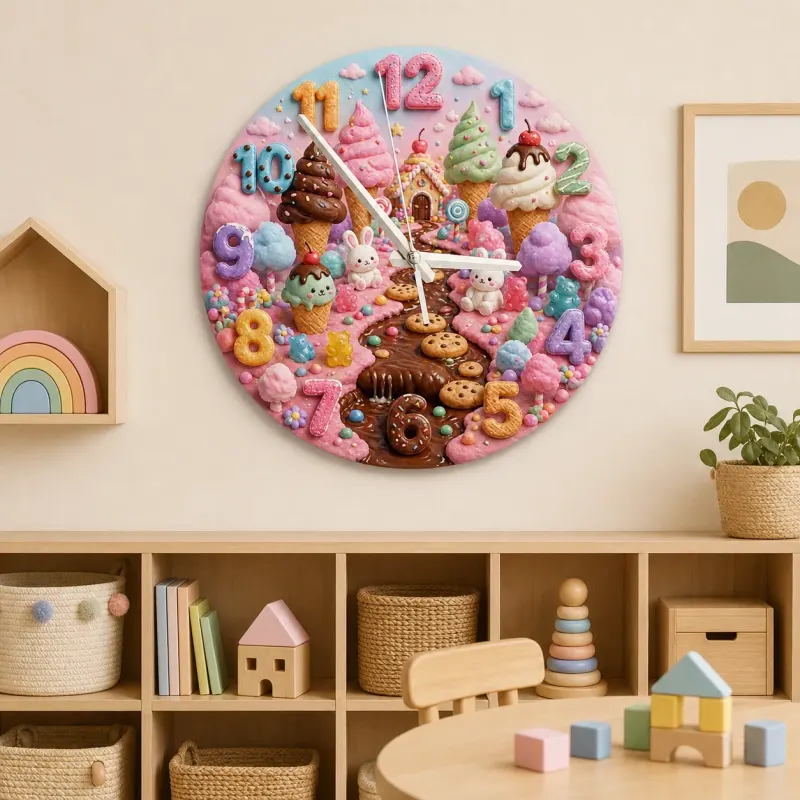 Magical Candyland Ice Cream Kids Room Wall Clock | Sweet Treats Nursery Decor, Whimsical Girl Bedroom Decor Keepsake (13.6 inch / 34.5 cm)