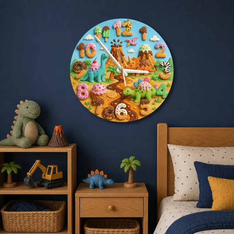 Dinosaur Volcano Kids Room Wall Clock | Candyland Nursery Decor, Little Boy Birthday Gift Keepsake (13.6 inch / 34.5 cm)