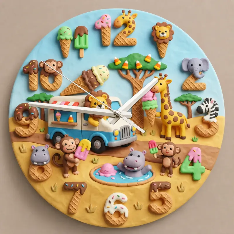 Safari Ice Cream Truck Kids Room Wall Clock | Sweet Jungle Animal Nursery Decor, Toddler Playroom Birthday Gift Art (13.6 inch / 34.5 cm)