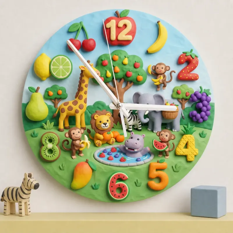 Safari Animals and Fruits Kids Room Wall Clock