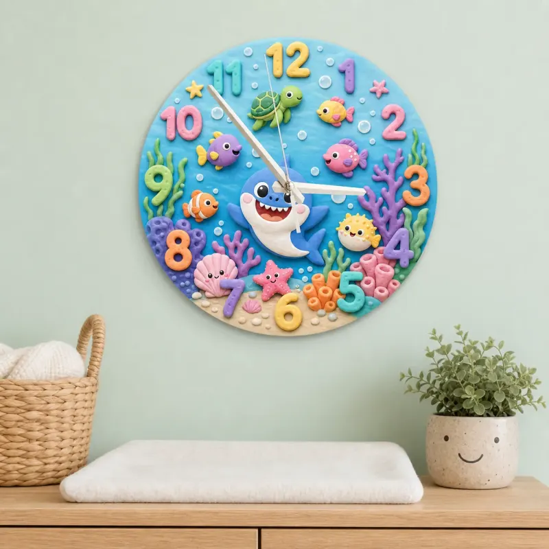 Ocean Shark Sea Creatures Kids Room Wall Clock | Underwater Nursery Decor, Baby Boy And Girl Birthday Gift Keepsake (13.6 inch / 34.5 cm)