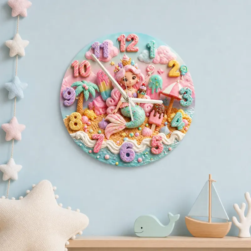 Pastel Mermaid & Sweet Treats Kids Room Wall Clock | Kawaii Candy Beach Nursery Decor, Cute Little Girls Bedroom Gift (13.6 inch / 34.5 cm)