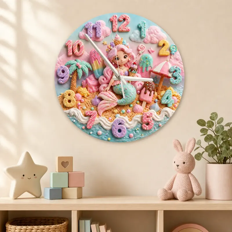 Pastel Mermaid & Sweet Treats Kids Room Wall Clock | Kawaii Candy Beach Nursery Decor, Cute Little Girls Bedroom Gift (13.6 inch / 34.5 cm)