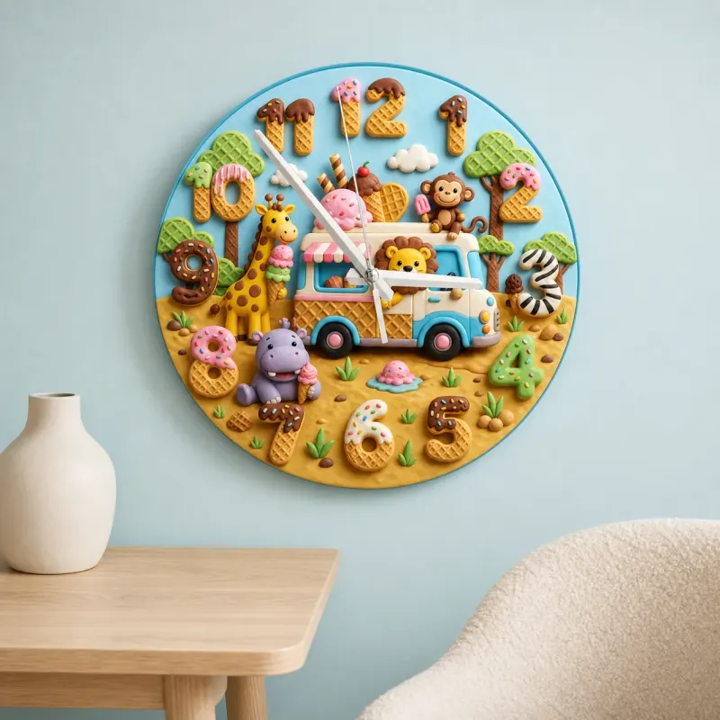 Safari Ice Cream Truck Kids Room Wall Clock | Jungle Animal Nursery Decor, Baby Boy Girl Birthday Gift (13.6 inch / 34.5 cm)