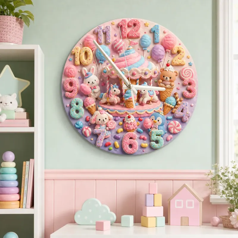 Pastel Candy Carousel Kids Room Wall Clock | Cute Animal Nursery Decor, Sweet Baby Girl Bedroom Birthday Gift Idea (13.6 inch / 34.5 cm)
