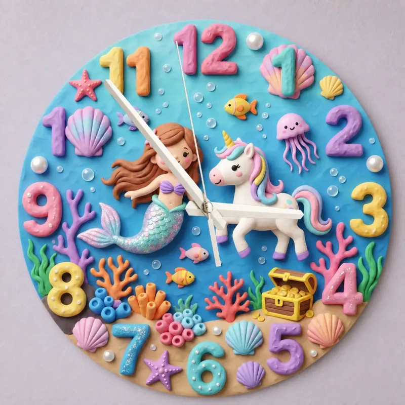 Mermaid & Sea Unicorn Kids Room Wall Clock | Magical Underwater Ocean Nursery Wall Decor, Little Girl Bedroom Gift (13.6 inch / 34.5 cm)