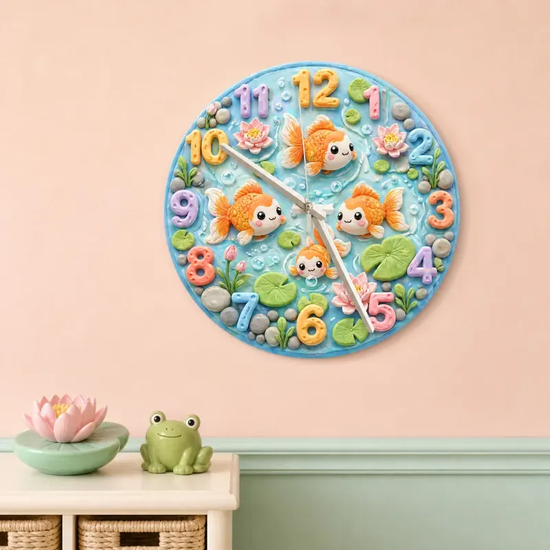 Whimsical Goldfish Pond Kids Room Wall Clock | Pastel Lotus Flower Nursery Home Decor, Sweet Newborn Baby Shower Gift (13.6 inch / 34.5 cm)
