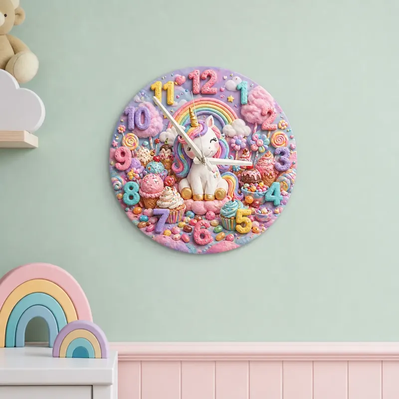 Magical Unicorn Candy Land Kids Room Wall Clock | Pastel Rainbow Nursery Art Decor, Sweet Little Girl Birthday Gift (13.6 inch / 34.5 cm)