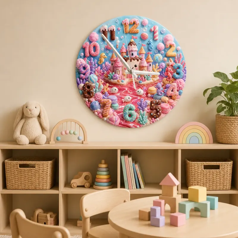 Pastel Candy Castle Kids Room Wall Clock | Sweet Ocean Fantasy Nursery Wall Decor, Little Girl Bedroom Birthday Gift (13.6 inch / 34.5 cm)