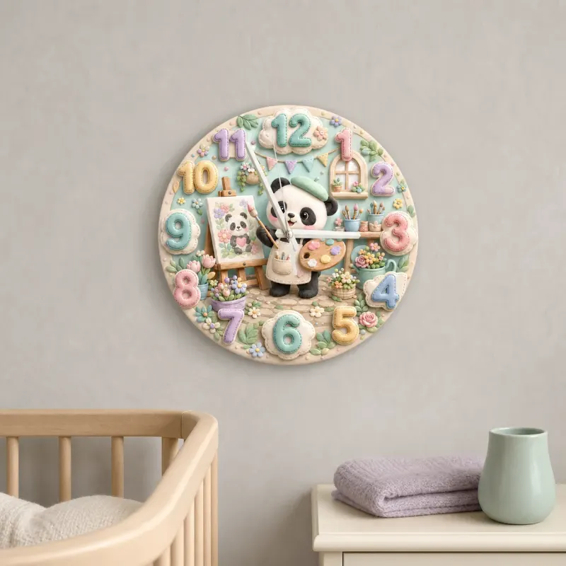 Little Painter Panda Kids Room Wall Clock | Pastel Floral Nursery Decor, Baby Girl Bedroom Birthday Gift Keepsake (13.6 inch / 34.5 cm)