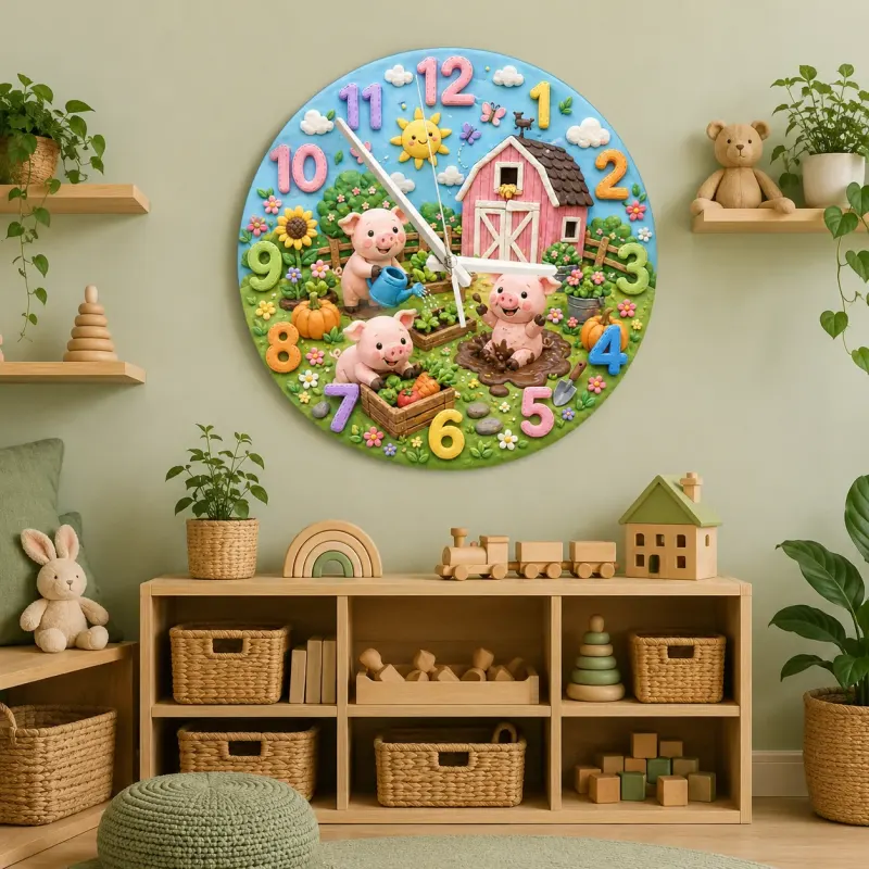 Playful Farm Pigs Kids Room Wall Clock | Barnyard Animal Nursery Decor, Baby Shower Or Birthday Gift For Boy Or Girl (13.6 inch / 34.5 cm)