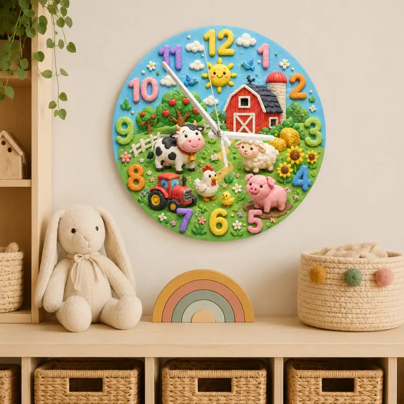 Farm Animals Barnyard Kids Room Wall Clock | Red Tractor Nursery Decor, Baby Boy Shower Gift & Playroom Keepsake Art (13.6 inch / 34.5 cm)
