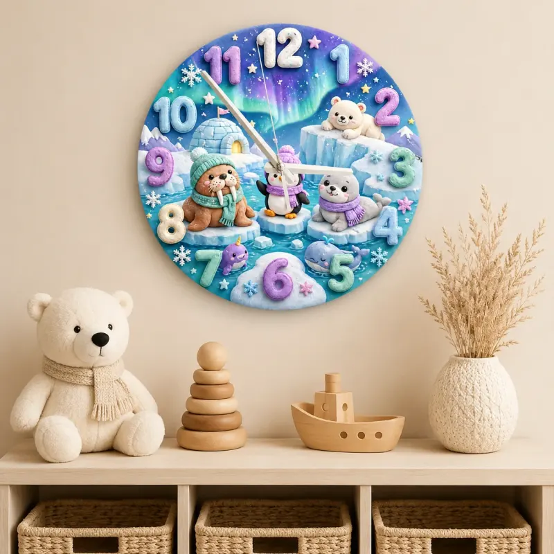 Cute Arctic Animals Kids Room Wall Clock | Northern Lights Nursery Decor, Polar Bear & Penguin Baby Shower Gift Idea (13.6 inch / 34.5 cm)