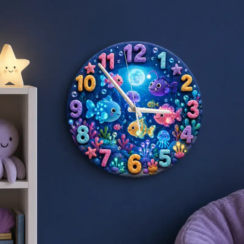 Magical Under The Sea Kids Room Wall Clock | Ocean Fish Nursery Decor, Baby Boy Girl Bedroom Birthday Keepsake Gift (13.6 inch / 34.5 cm)