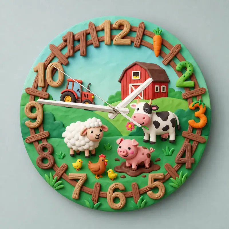 Farm Animals Barnyard Kids Room Wall Clock | Cute Red Tractor Nursery Decor, Unique Baby Boy Shower Gift Keepsake (13.6 inch / 34.5 cm)