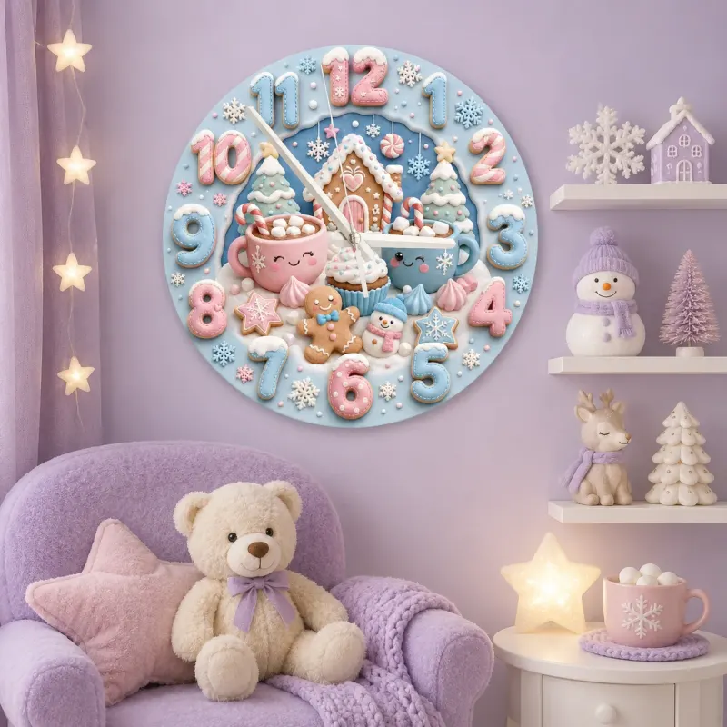 Pastel Winter Gingerbread Kids Room Wall Clock | Cute Hot Cocoa Snowman Nursery Decor, Sweet Holiday Baby Girl Gift (13.6 inch / 34.5 cm)