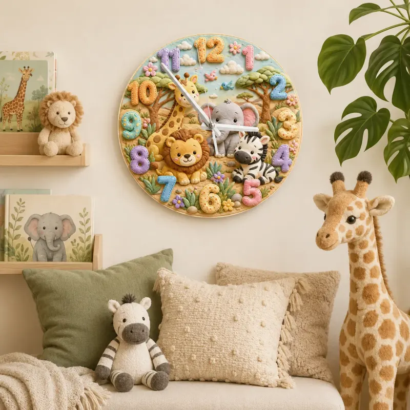 Safari Jungle Animals Kids Room Wall Clock | Cute Lion Elephant Nursery Decor, Playroom Baby Shower Boy Girl Gift (13.6 inch / 34.5 cm)