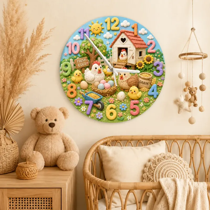 Cute Farm Chickens Kids Room Wall Clock | Baby Chick Nursery Decor, Playroom Wall Art, Sweet Birthday Gift Keepsake (13.6 inch / 34.5 cm)