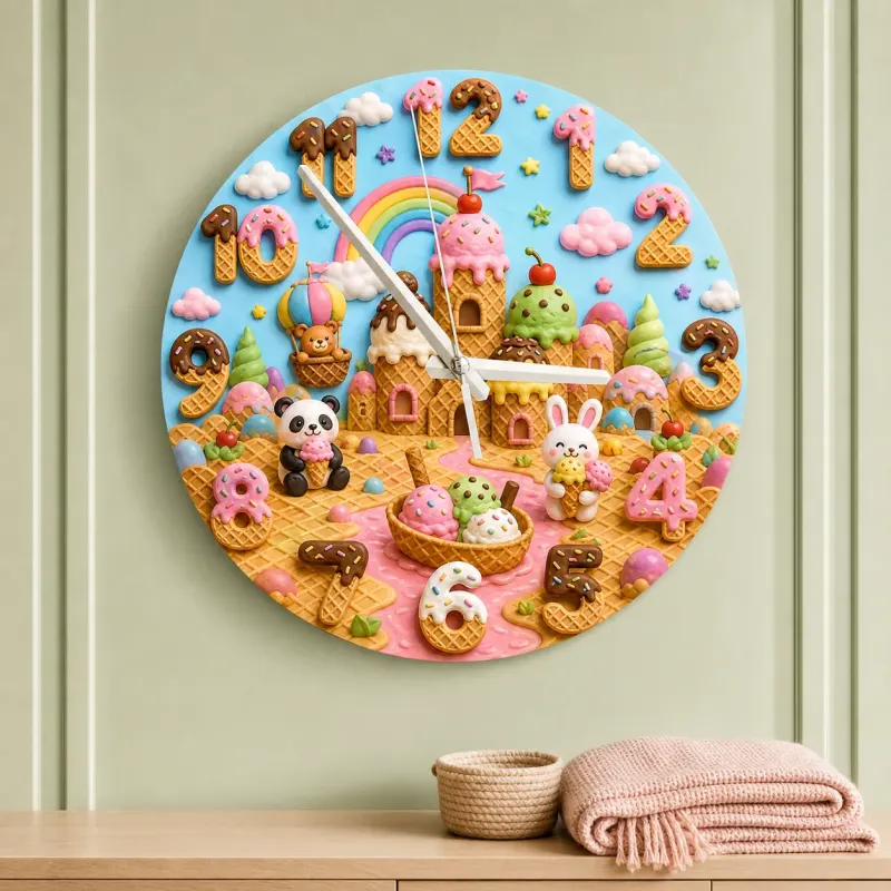 Panda Bunny Candy Castle Kids Room Wall Clock | Rainbow Nursery Decor, Sweet Baby Shower Gift (13.6 inch / 34.5 cm)