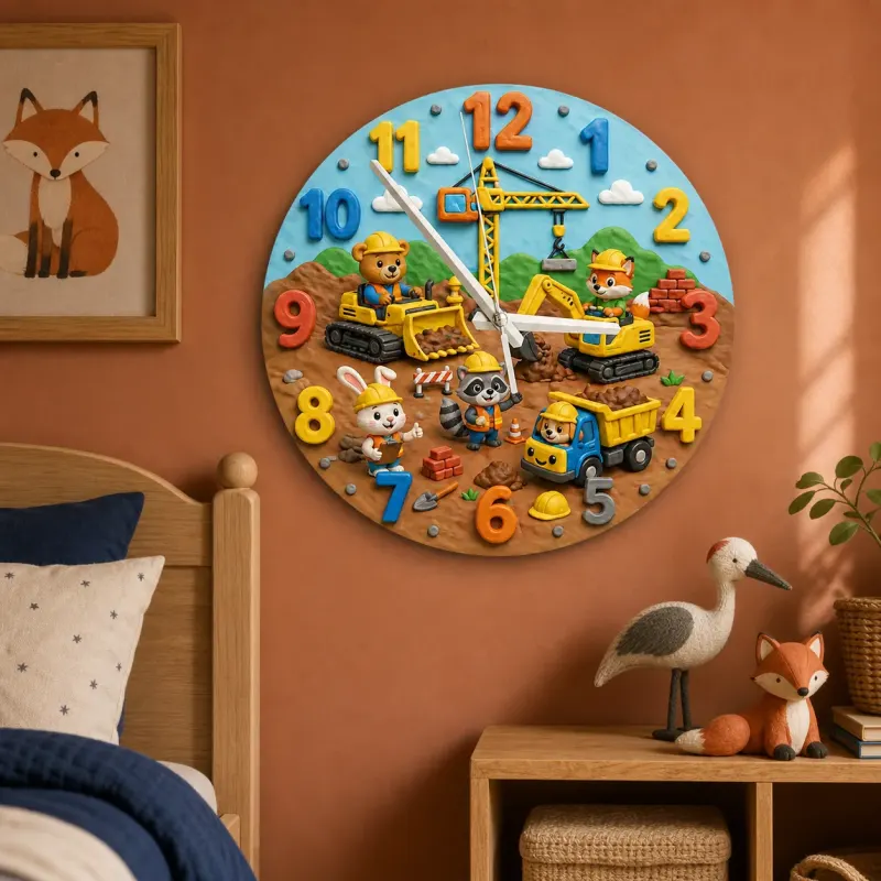 Construction Animals Kids Room Wall Clock | Little Builder Nursery Decor, Baby Boy Bedroom Makeover Birthday Gift (13.6 inch / 34.5 cm)