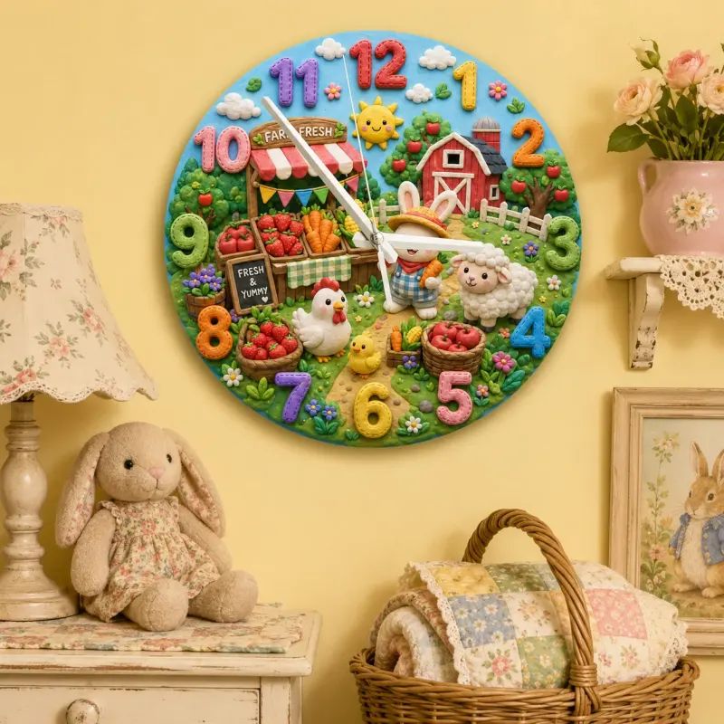 Farm Animals Kids Room Wall Clock | Bunny Farmer Nursery Decor, Baby Shower Birthday Gift Keepsake Toddler Room Art (13.6 inch / 34.5 cm)
