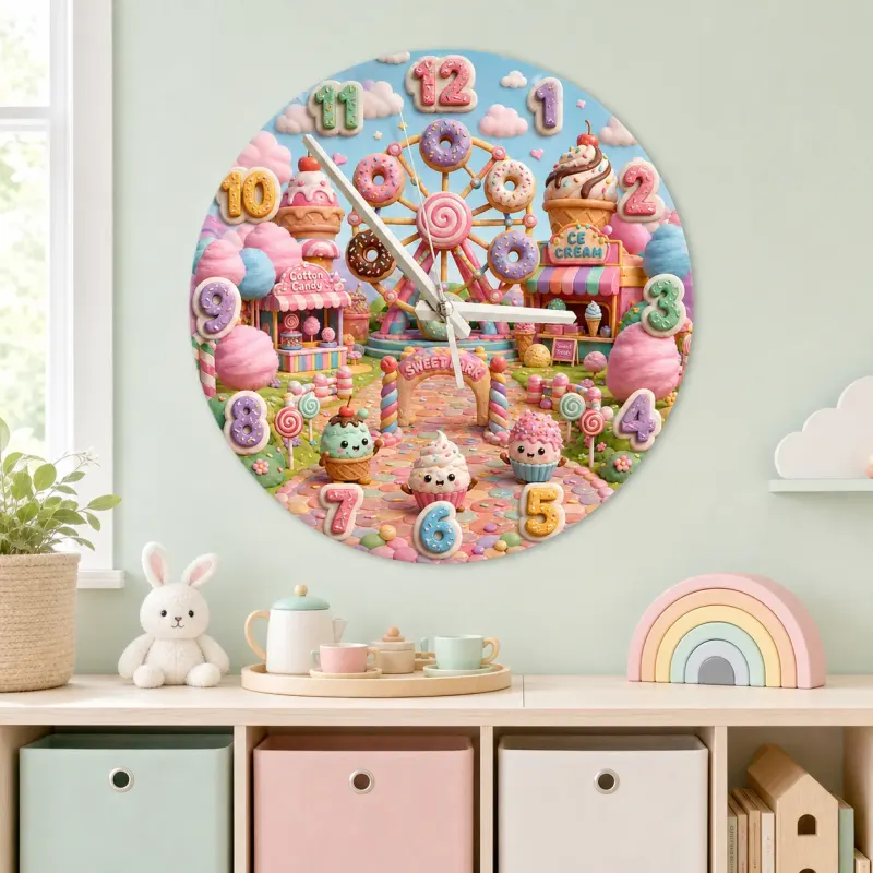 Pastel Candyland Theme Kids Room Wall Clock | Kawaii Sweet Treats Nursery Wall Decor, Cute Little Girl Bedroom Gift (13.6 inch / 34.5 cm)