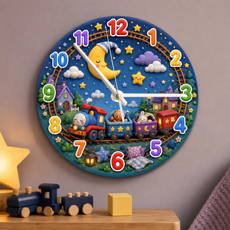 Nighttime Train & Sleeping Moon Kids Room Wall Clock