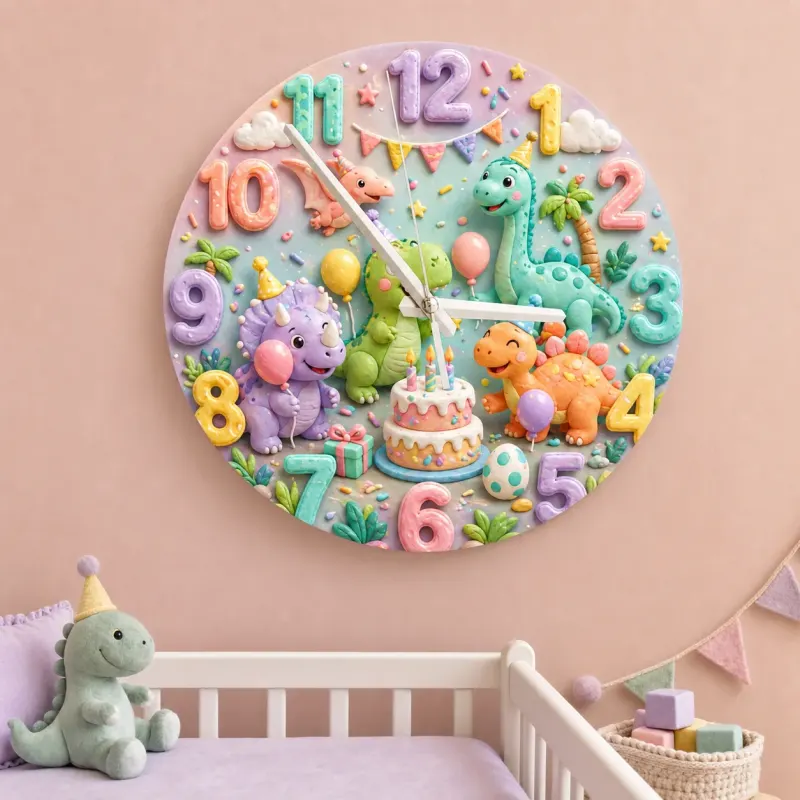 Pastel Dinosaur Birthday Party Kids Room Wall Clock