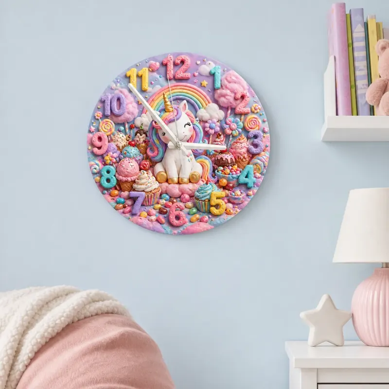 Magical Unicorn Candy Land Kids Room Wall Clock | Pastel Rainbow Nursery Art Decor, Sweet Little Girl Birthday Gift (13.6 inch / 34.5 cm)