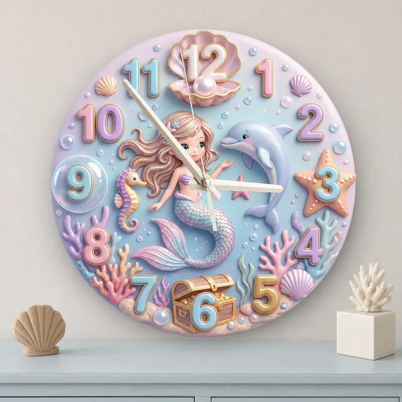 Pastel Mermaid And Dolphin Kids Room Wall Clock | Magical Ocean Nursery Decor Art, Little Girl Bedroom Birthday Gift (13.6 inch / 34.5 cm)