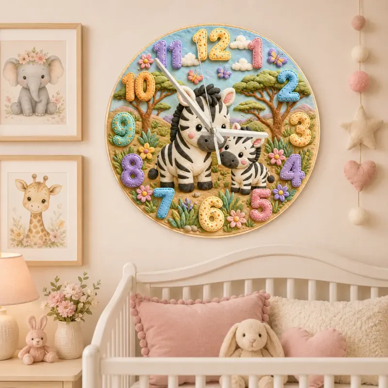 Sweet Mother & Baby Zebra Kids Room Wall Clock | Safari Animal Nursery Decor, Beautiful New Baby Shower Gift Keepsake (13.6 inch / 34.5 cm)