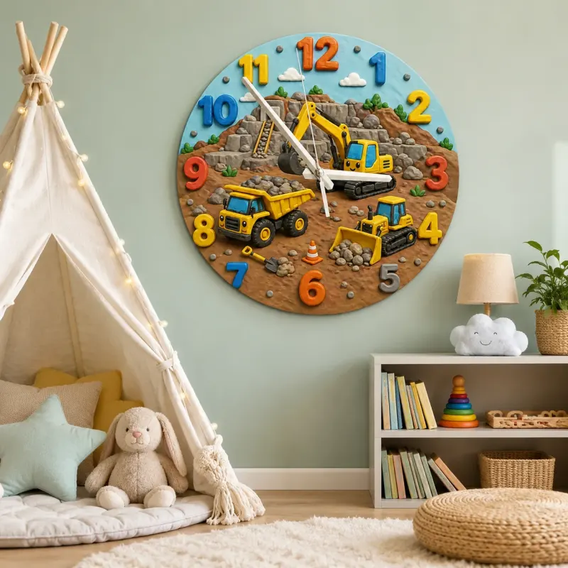 Construction Trucks Kids Room Wall Clock | Yellow Excavator Nursery Decor, Little Boy Bedroom Playroom Gift Keepsake (13.6 inch / 34.5 cm)